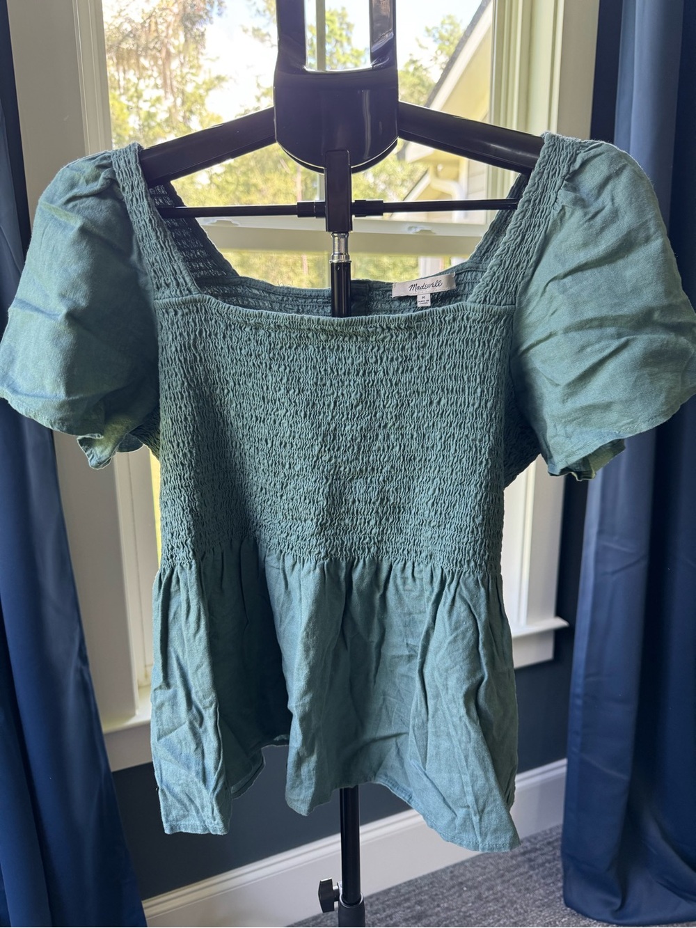 Madewell Linen-Blend Lucie Smocked Peplum Top in Faded Shale Size Medium